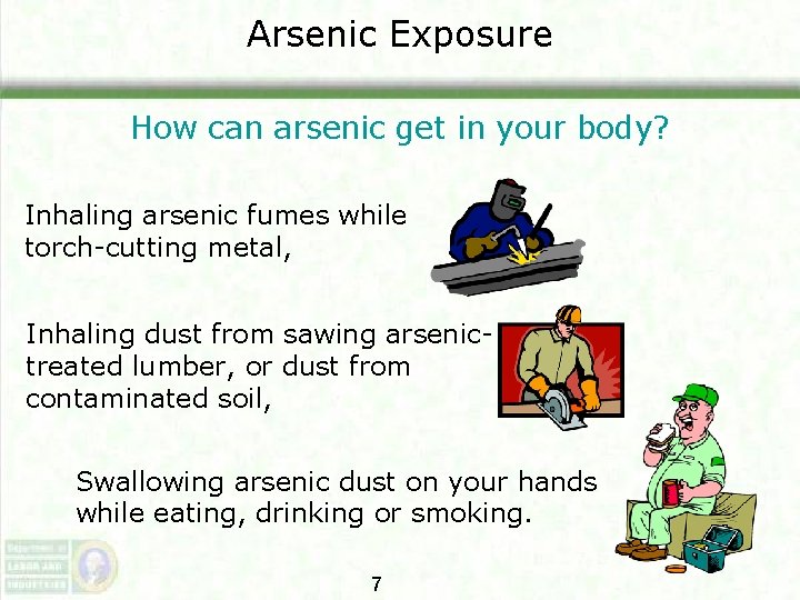 Arsenic Exposure How can arsenic get in your body? Inhaling arsenic fumes while torch-cutting Arsenic Exposure How can arsenic get in your body? Inhaling arsenic fumes while torch-cutting