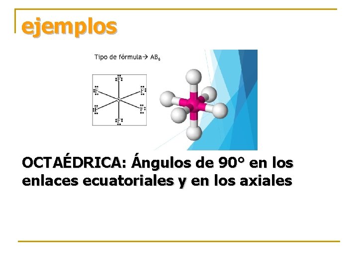 ejemplos OCTAÉDRICA: Ángulos de 90° en los enlaces ecuatoriales y en los axiales 