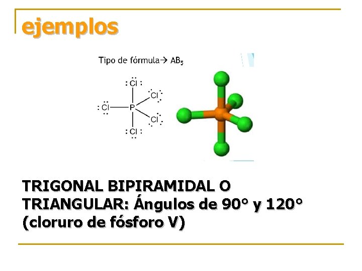 ejemplos TRIGONAL BIPIRAMIDAL O TRIANGULAR: Ángulos de 90° y 120° (cloruro de fósforo V)