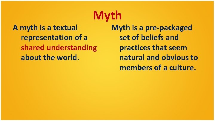 Myth A myth is a textual representation of a shared understanding about the world.