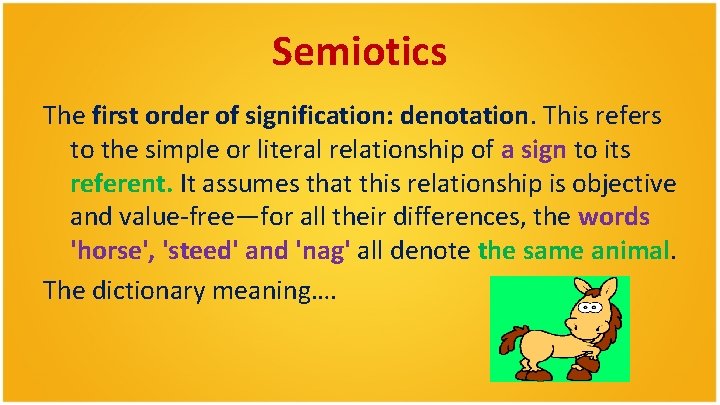 Semiotics The first order of signification: denotation. This refers to the simple or literal