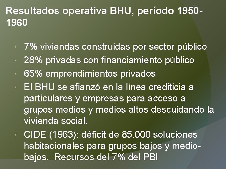 Resultados operativa BHU, período 19501960 7% viviendas construidas por sector público 28% privadas con