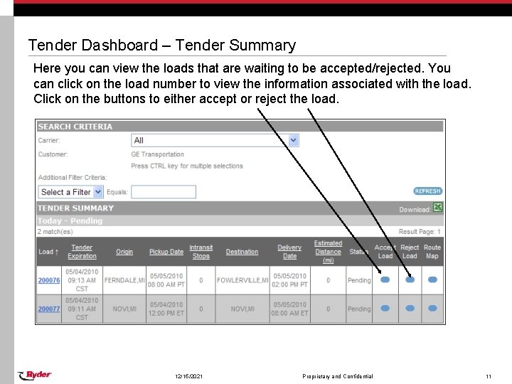 Tender Dashboard – Tender Summary Here you can view the loads that are waiting