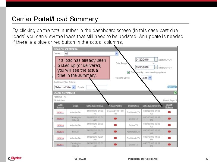 Carrier Portal/Load Summary By clicking on the total number in the dashboard screen (in