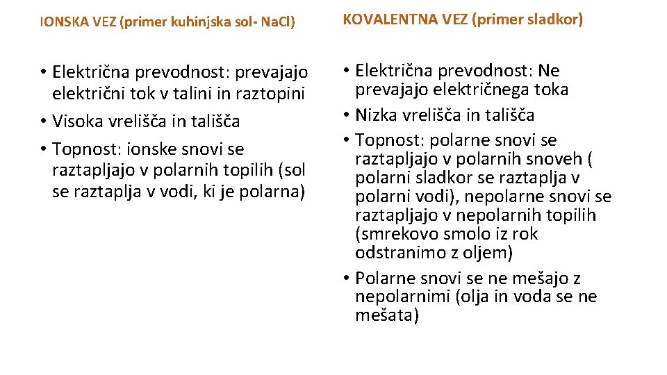 IONSKA VEZ (primer kuhinjska sol- Na. Cl) KOVALENTNA VEZ (primer sladkor) • Električna prevodnost: