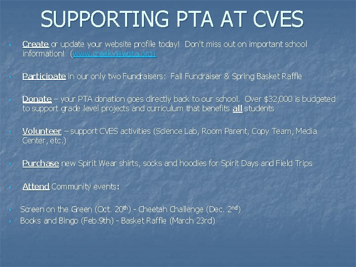 SUPPORTING PTA AT CVES • • Create or update your website profile today! Don't