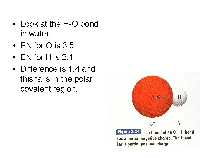  • Look at the H-O bond in water. • EN for O is