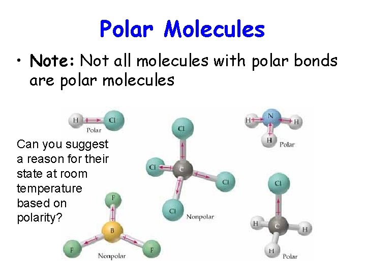 Polar Molecules • Note: Not all molecules with polar bonds are polar molecules Can