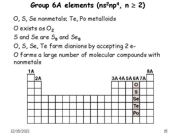 Group 6 A elements (ns 2 np 4, n 2) O, S, Se nonmetals;