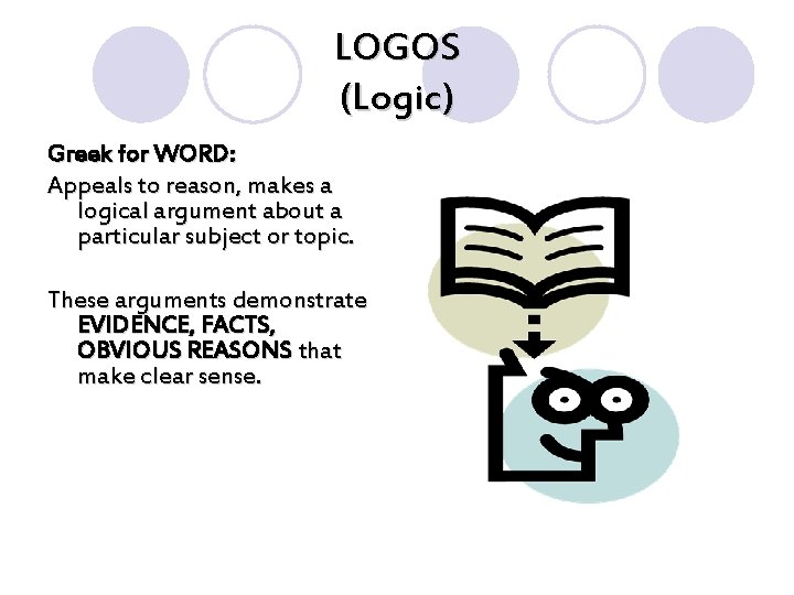 LOGOS (Logic) Greek for WORD: Appeals to reason, makes a logical argument about a