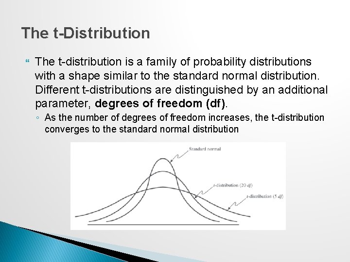 The t-Distribution The t-distribution is a family of probability distributions with a shape similar