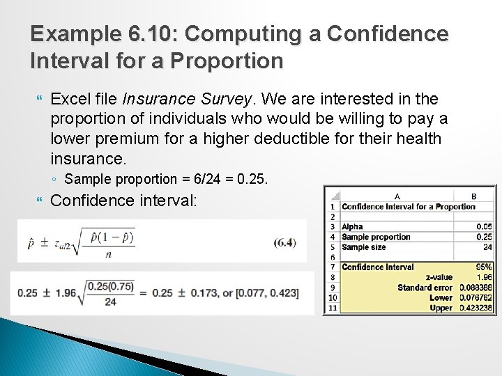 Example 6. 10: Computing a Confidence Interval for a Proportion Excel file Insurance Survey.