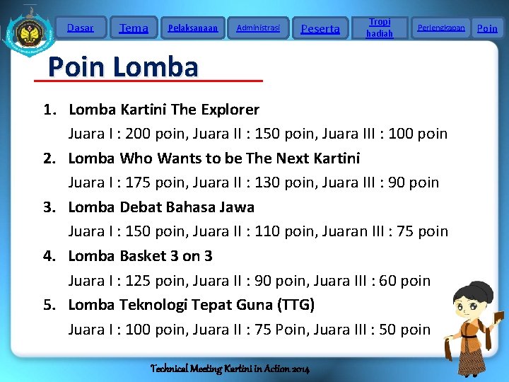 Dasar Tema Pelaksanaan Administrasi Peserta Tropi hadiah Perlengkapan Poin Lomba 1. Lomba Kartini The