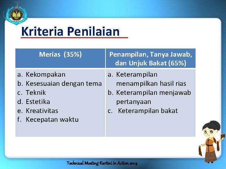 Kriteria Penilaian Merias (35%) a. b. c. d. e. f. Penampilan, Tanya Jawab, dan