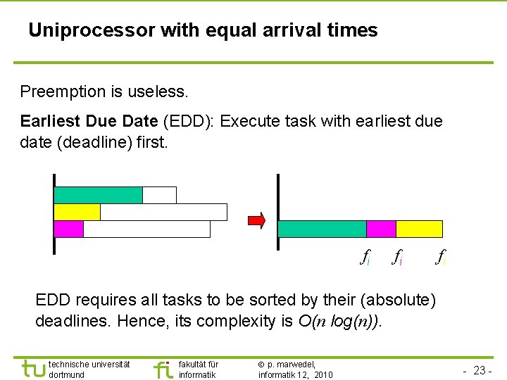 TU Dortmund Uniprocessor with equal arrival times Preemption is useless. Earliest Due Date (EDD):