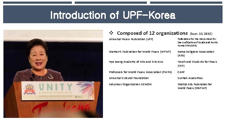 Introduction of UPF-Korea v Composed of 12 organizations (Sept. 18, 2018) Universal Peace Federation