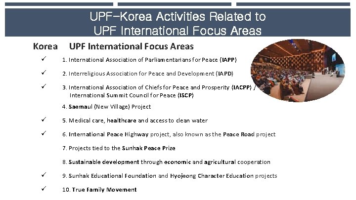 UPF-Korea Activities Related to UPF International Focus Areas Korea UPF International Focus Areas ü