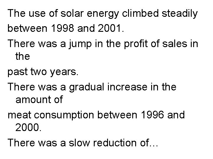 The use of solar energy climbed steadily between 1998 and 2001. There was a
