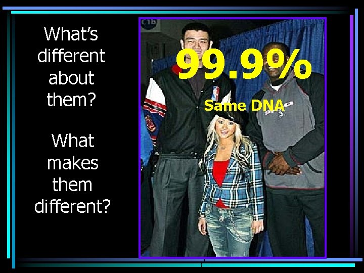 What’s different about them? What makes them different? 99. 9% Same DNA 