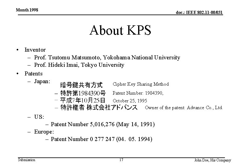 Month 1998 doc. : IEEE 802. 11 -00/031 About KPS • Inventor – Prof.