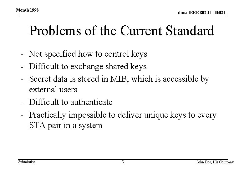 Month 1998 doc. : IEEE 802. 11 -00/031 Problems of the Current Standard -