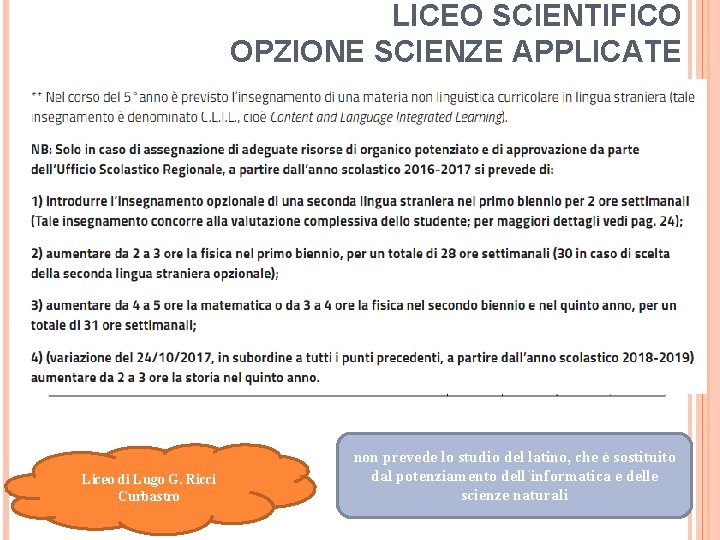 LICEO SCIENTIFICO OPZIONE SCIENZE APPLICATE Liceo di Lugo G. Ricci Curbastro non prevede lo