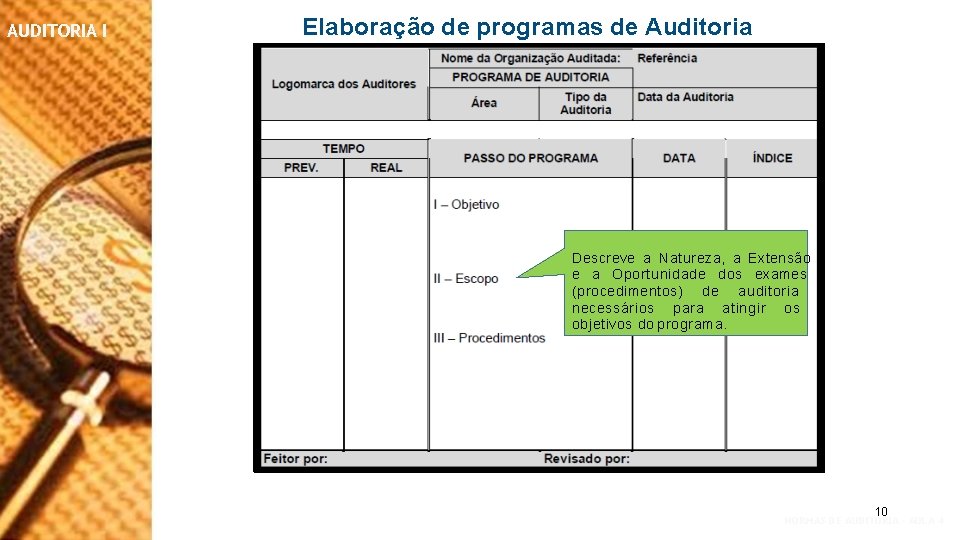 AUDITORIA I Elaboração de programas de Auditoria Descreve a Natureza, a Extensão e a