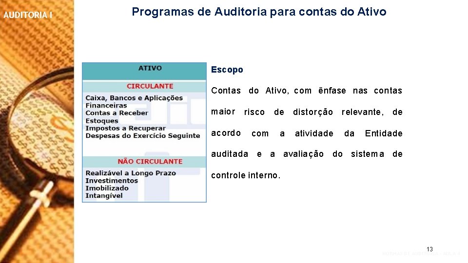 AUDITORIA I Programas de Auditoria para contas do Ativo Escopo Contas do Ativo, com