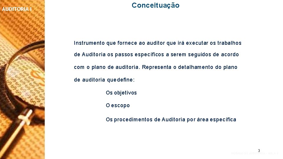 Conceituação AUDITORIA I Instrumento que fornece ao auditor que irá executar os trabalhos de