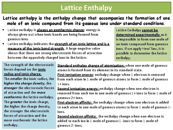 Lattice Enthalpy Lattice enthalpy is the enthalpy change that accompanies the formation of one