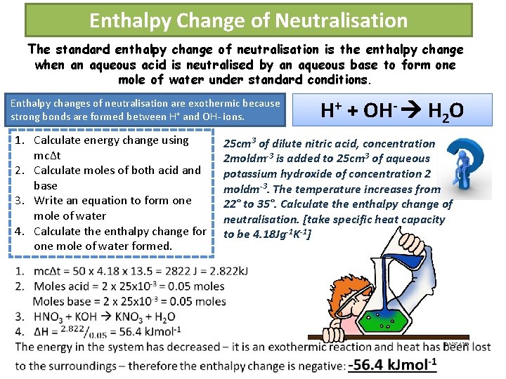 Enthalpy Change of Neutralisation The standard enthalpy change of neutralisation is the enthalpy change