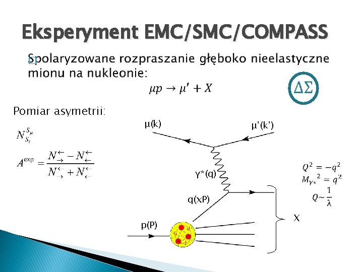 Eksperyment EMC/SMC/COMPASS � Pomiar asymetrii: μ(k) μ’(k’) γ*(q) q(x. P) p(P) X 