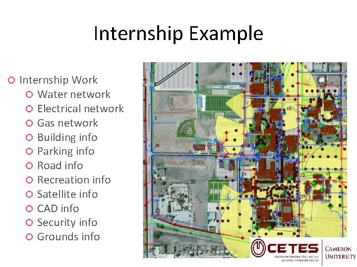 Internship Example Internship Work Water network Electrical network Gas network Building info Parking info