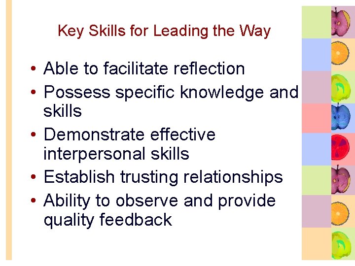 Key Skills for Leading the Way • Able to facilitate reflection • Possess specific