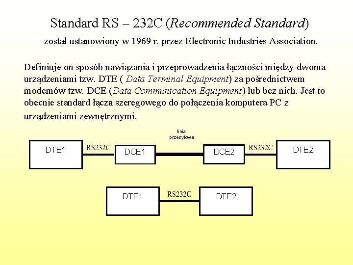 Standard RS – 232 C (Recommended Standard) został ustanowiony w 1969 r. przez Electronic