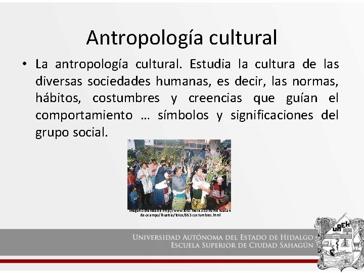 Antropología cultural • La antropología cultural. Estudia la cultura de las diversas sociedades humanas,