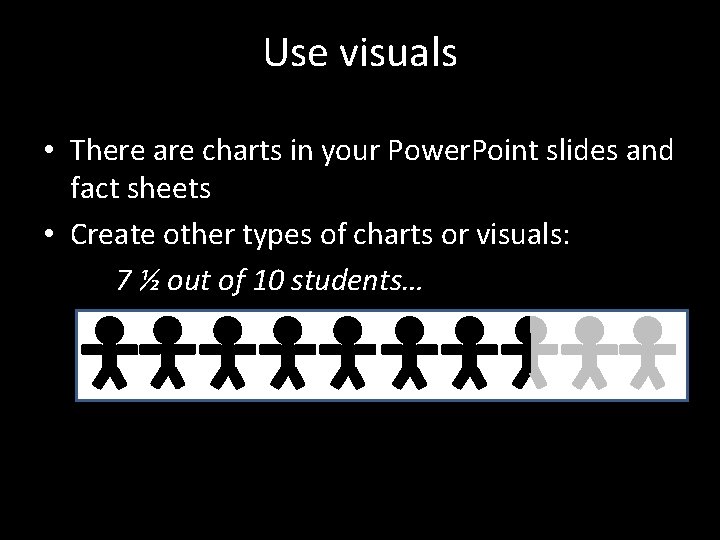 Use visuals • There are charts in your Power. Point slides and fact sheets