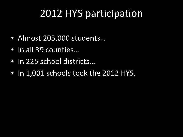 2012 HYS participation • • Almost 205, 000 students… In all 39 counties… In