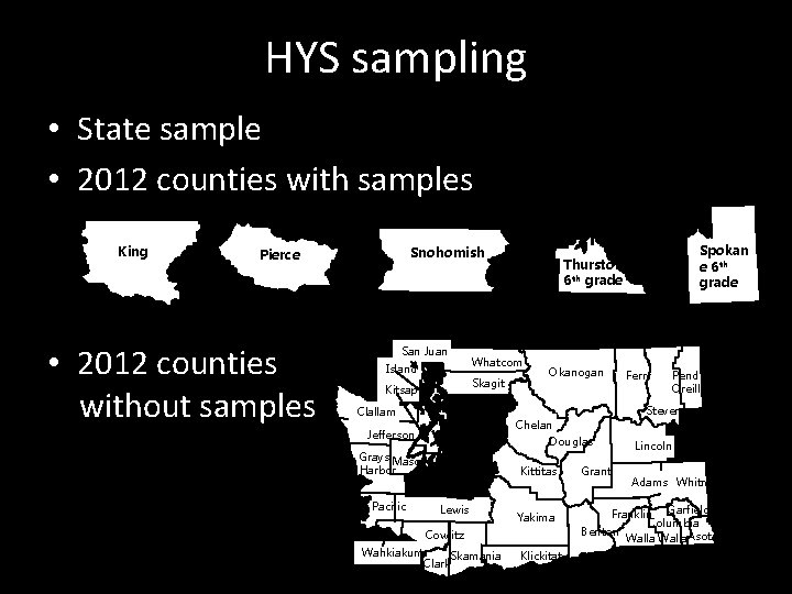 HYS sampling • State sample • 2012 counties with samples King Snohomish Pierce •