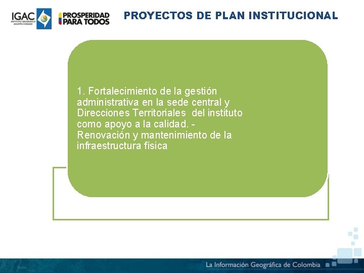 PROYECTOS DE PLAN INSTITUCIONAL 1. Fortalecimiento de la gestión administrativa en la sede central