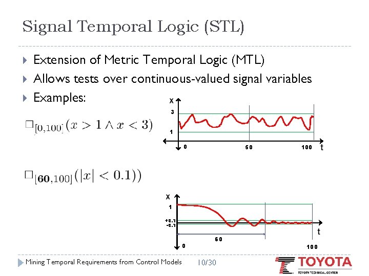 Signal Temporal Logic (STL) Extension of Metric Temporal Logic (MTL) Allows tests over continuous-valued