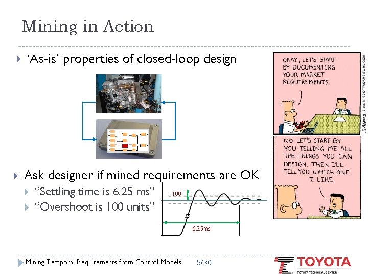 Mining in Action ‘As-is’ properties of closed-loop design Ask designer if mined requirements are