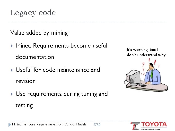 Legacy code Value added by mining: Mined Requirements become useful documentation Useful for code