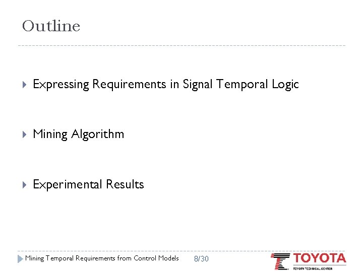 Outline Expressing Requirements in Signal Temporal Logic Mining Algorithm Experimental Results Mining Temporal Requirements