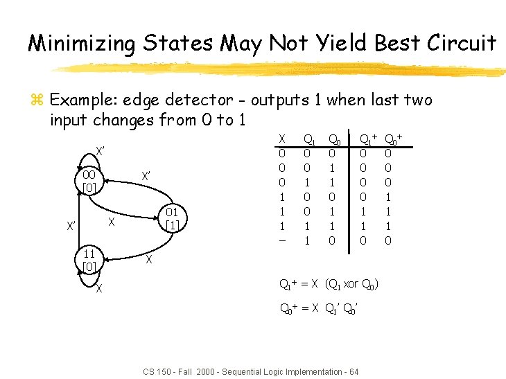 Minimizing States May Not Yield Best Circuit z Example: edge detector - outputs 1