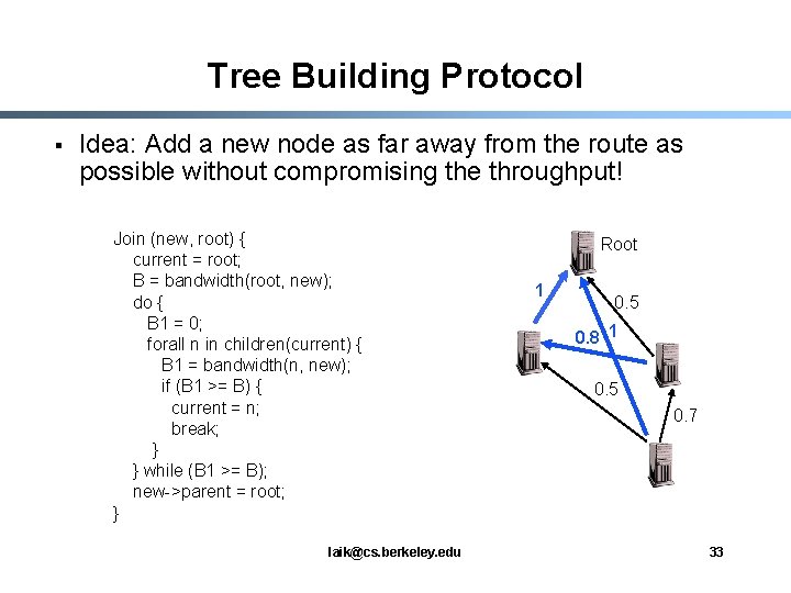 Tree Building Protocol § Idea: Add a new node as far away from the