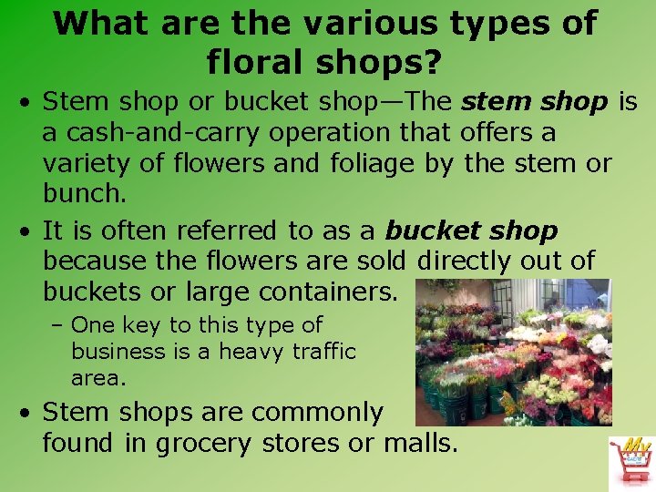 What are the various types of floral shops? • Stem shop or bucket shop—The