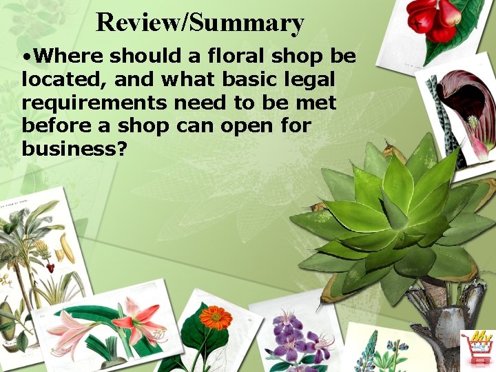 Review/Summary • Where should a floral shop be located, and what basic legal requirements
