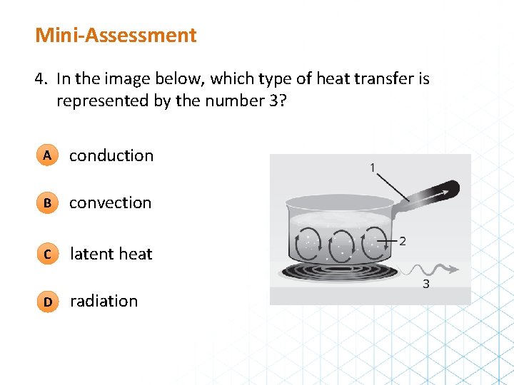 Mini-Assessment 4. In the image below, which type of heat transfer is represented by Mini-Assessment 4. In the image below, which type of heat transfer is represented by