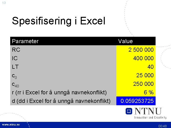 13 Spesifisering i Excel Parameter RC IC LT c 0 c 40 r (rr